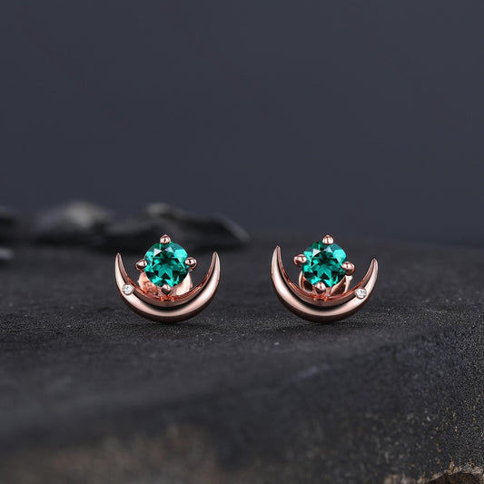 Round Cut Emerald Earrings Retro Green Stone Earrings Moon Stud Earrings Emerald Earring Christmas gifts for wife Unique Rose Gold Earring - anerjuly