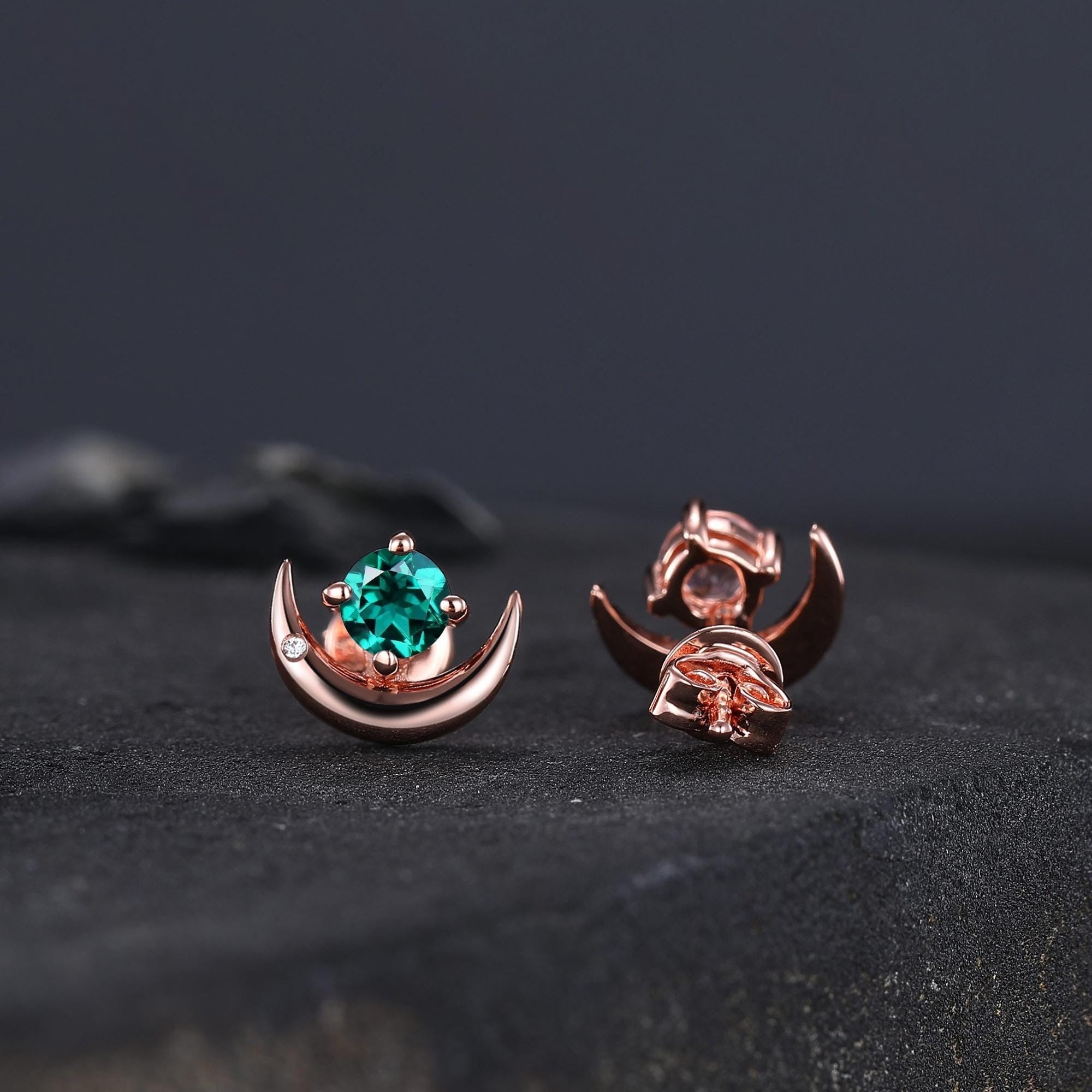 Round Cut Emerald Earrings Retro Green Stone Earrings Moon Stud Earrings Emerald Earring Christmas gifts for wife Unique Rose Gold Earring - anerjuly