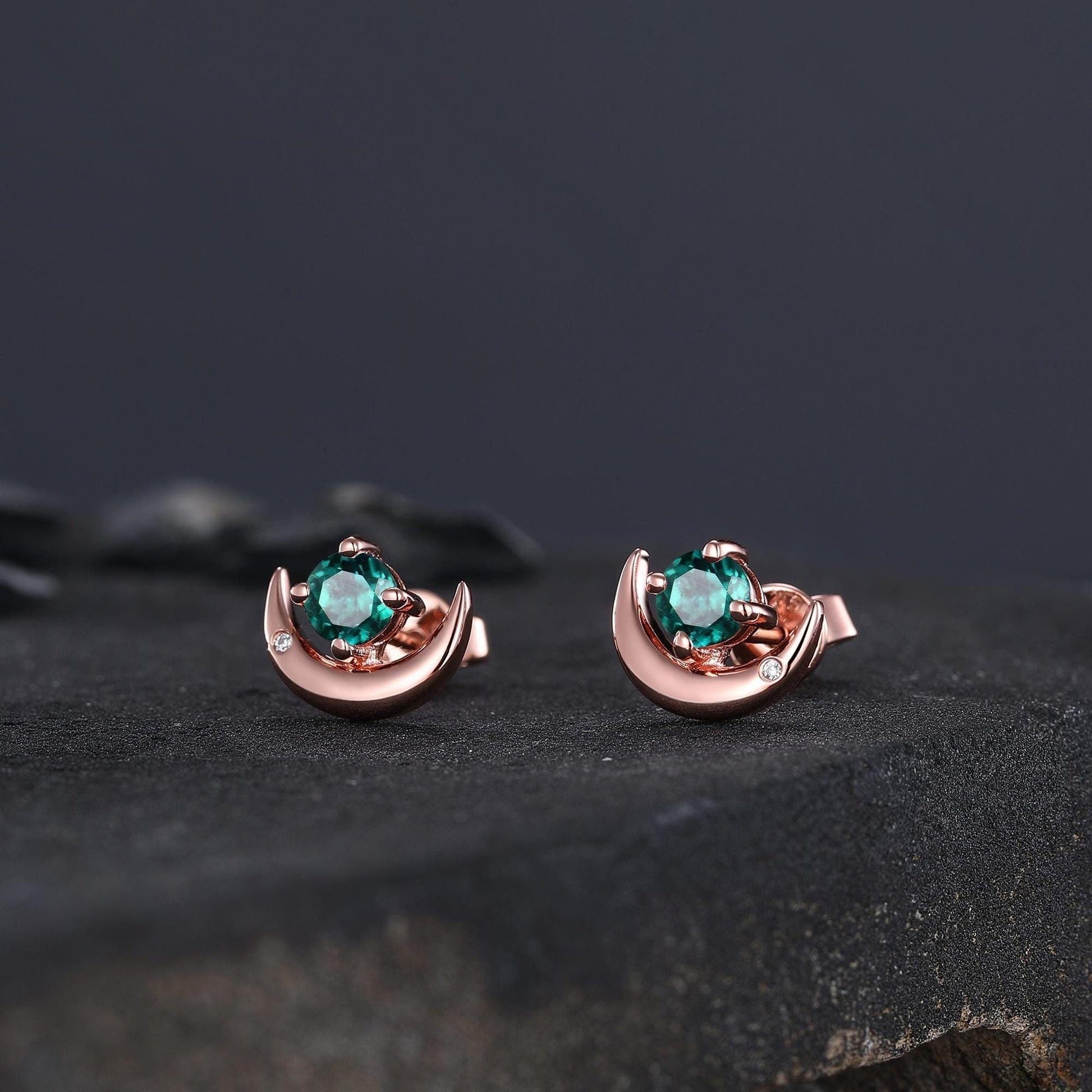 Round Cut Emerald Earrings Retro Green Stone Earrings Moon Stud Earrings Emerald Earring Christmas gifts for wife Unique Rose Gold Earring - anerjuly