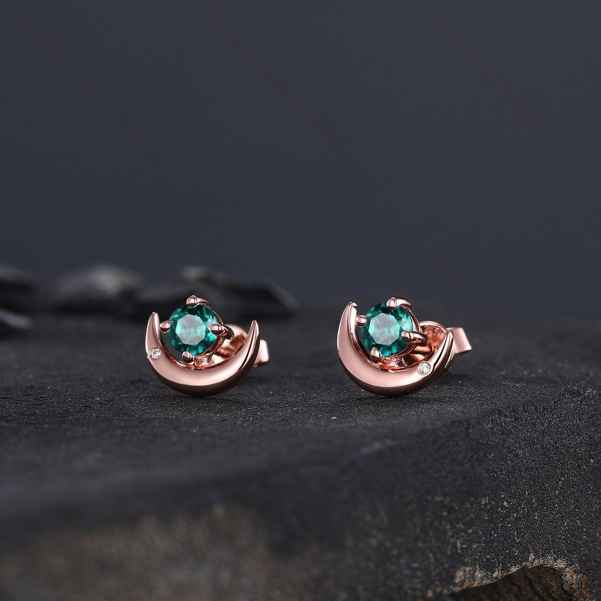 Round Cut Emerald Earrings Retro Green Stone Earrings Moon Stud Earrings Emerald Earring Christmas gifts for wife Unique Rose Gold Earring - anerjuly