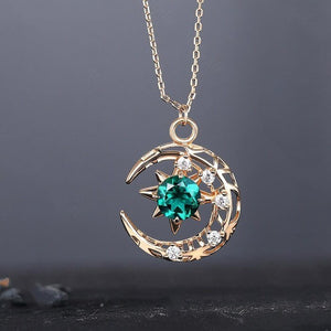 Round Cut Moss Agate Pendant Necklace Vintage Moon Stary Pendant Women Bridal Promise Ring Birthday Necklace Women Anniversary Gift - anerjuly
