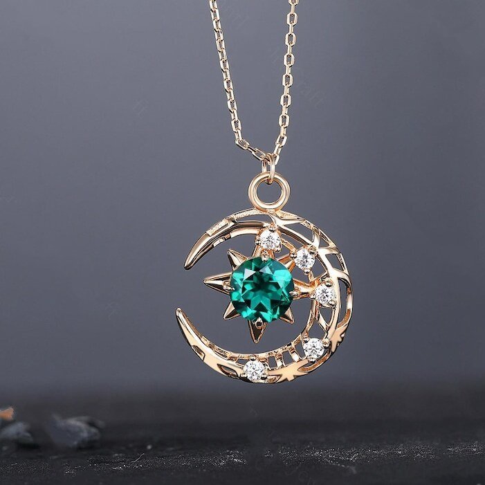 Round Cut Moss Agate Pendant Necklace Vintage Moon Stary Pendant Women Bridal Promise Ring Birthday Necklace Women Anniversary Gift - anerjuly