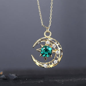 Round Cut Moss Agate Pendant Necklace Vintage Moon Stary Pendant Women Bridal Promise Ring Birthday Necklace Women Anniversary Gift - anerjuly