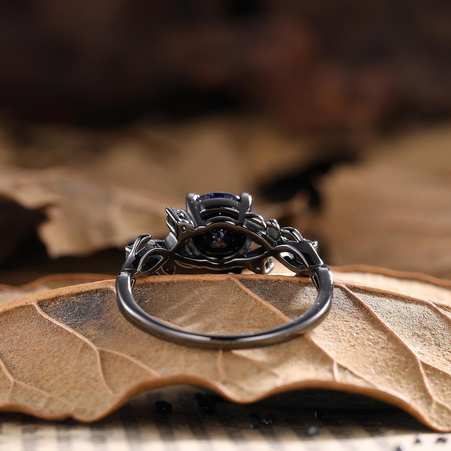 Round Cut Natural Moss Agate Black Gold Engagement Ring For Women - anerjuly