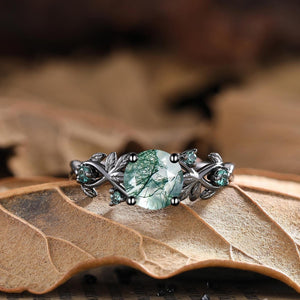 Round Cut Natural Moss Agate Black Gold Engagement Ring For Women - anerjuly