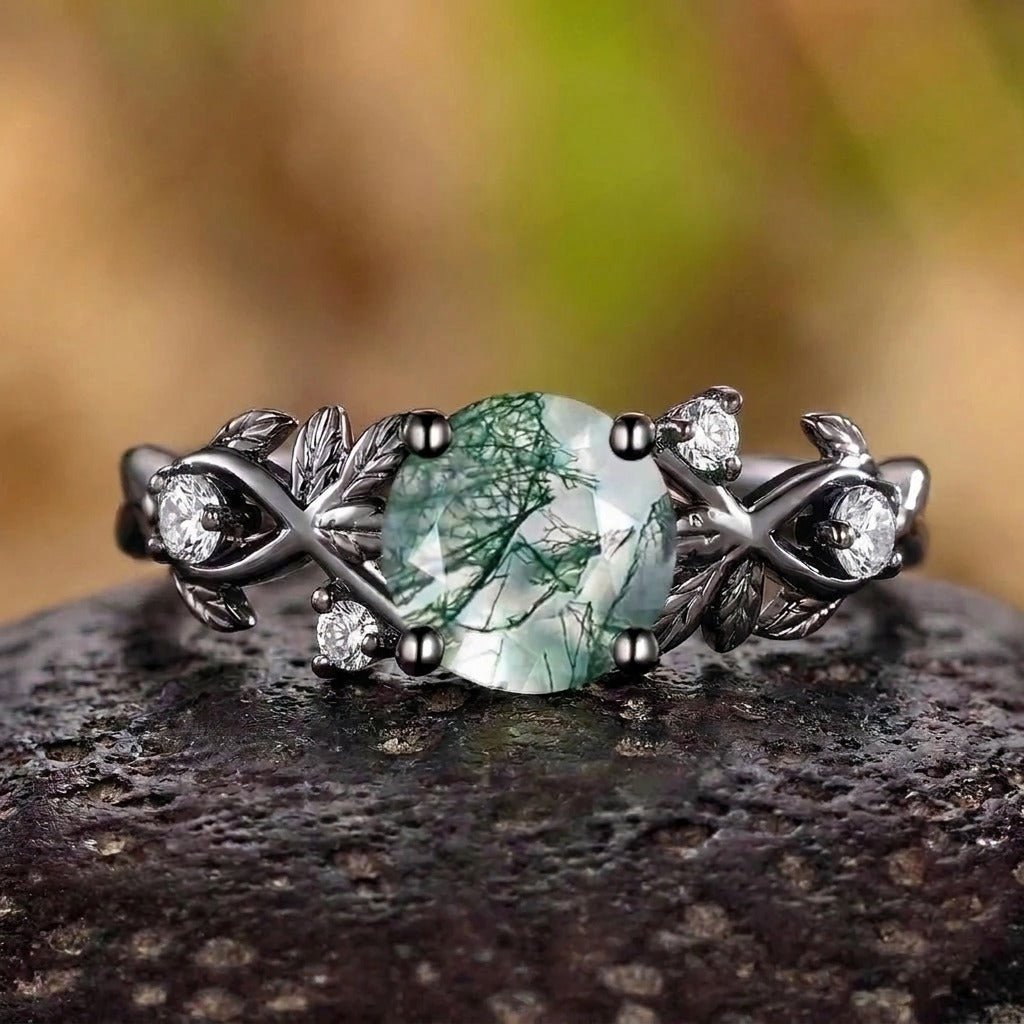 Round Cut Natural Moss Agate Black Gold Engagement Ring For Women - anerjuly