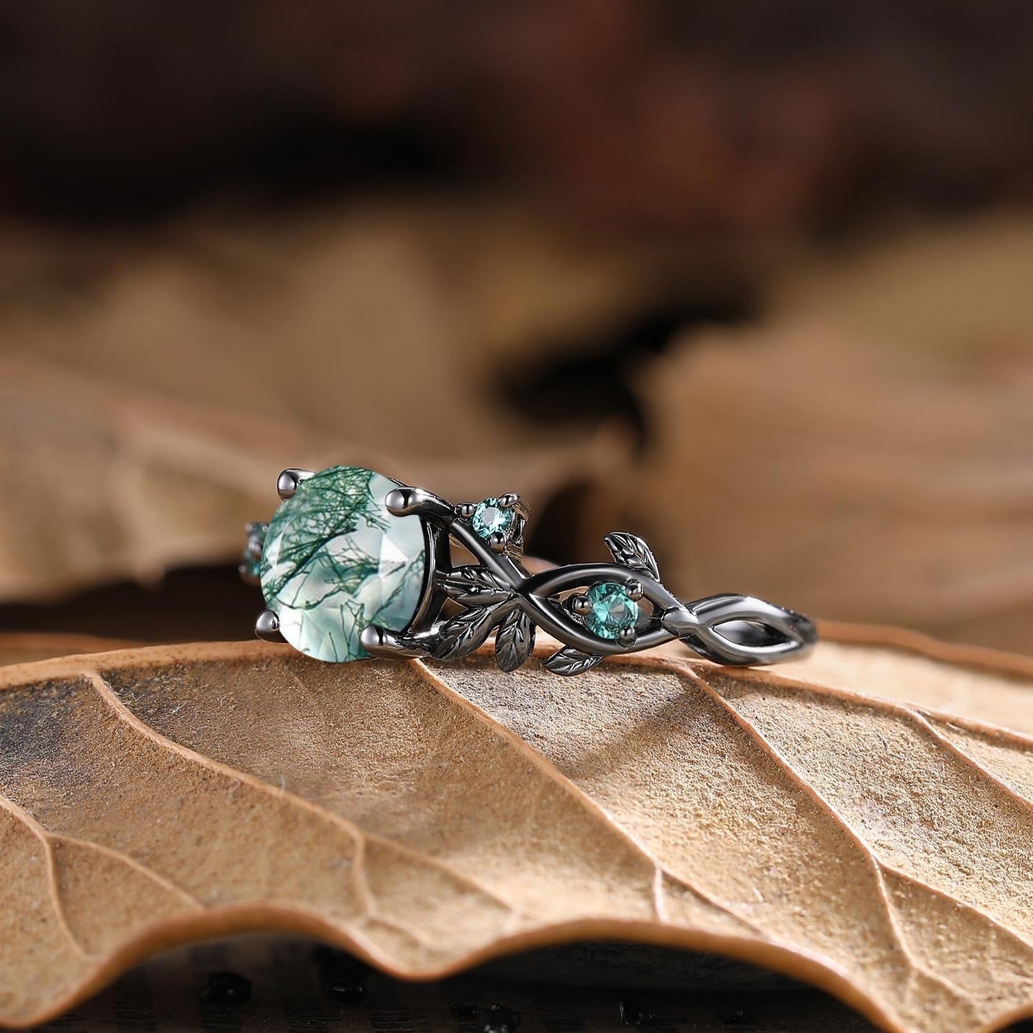 Round Cut Natural Moss Agate Black Gold Engagement Ring For Women - anerjuly