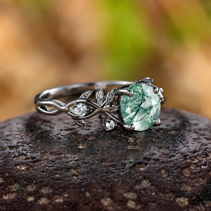 Round Cut Natural Moss Agate Black Gold Engagement Ring For Women - anerjuly