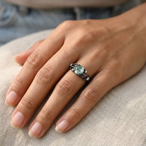 Round Cut Natural Moss Agate Black Gold Engagement Ring For Women - anerjuly