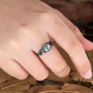 Round Cut Natural Moss Agate Black Gold Engagement Ring For Women - anerjuly