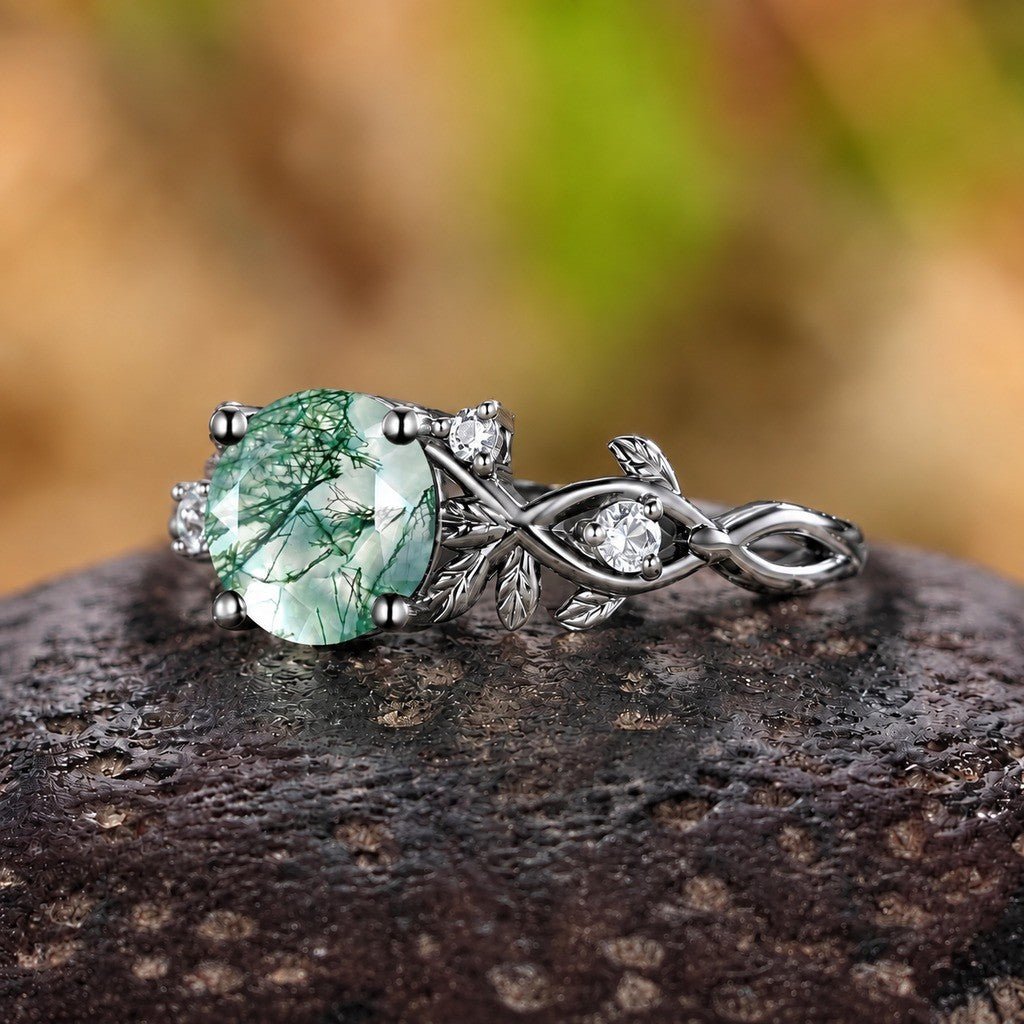 Round Cut Natural Moss Agate Black Gold Engagement Ring For Women - anerjuly