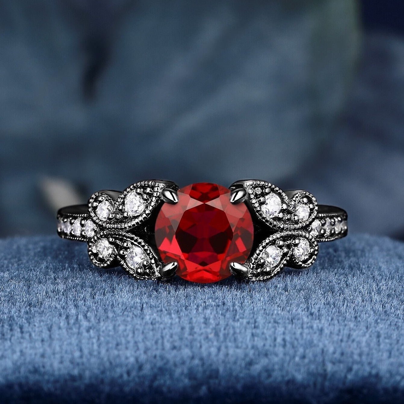 Round Cut Nature Inspired Garnet Ring Black Gold Couple Rings Tungsten Ring - anerjuly
