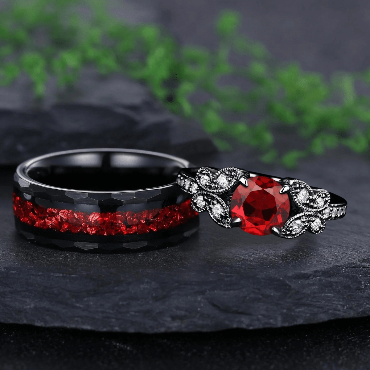 Round Cut Nature Inspired Garnet Ring Black Gold Couple Rings Tungsten Ring - anerjuly