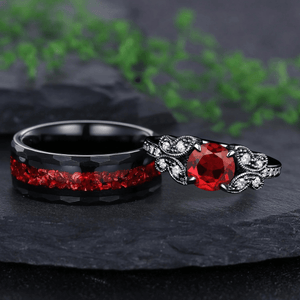 Round Cut Nature Inspired Garnet Ring Black Gold Couple Rings Tungsten Ring - anerjuly
