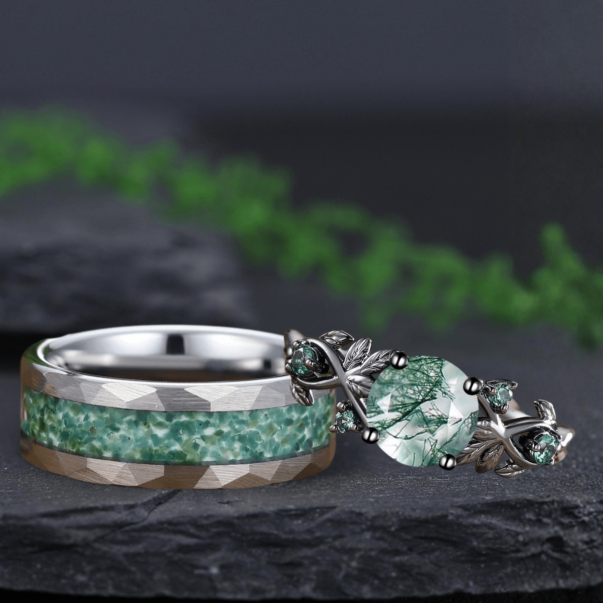 Round Cut Unique Moss Agate Couple Rings Nature - Inspired His and Her Matching Wedding Band - anerjuly