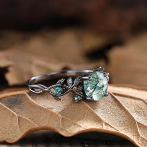 Round Cut Unique Moss Agate Couple Rings Nature - Inspired His and Her Matching Wedding Band - anerjuly