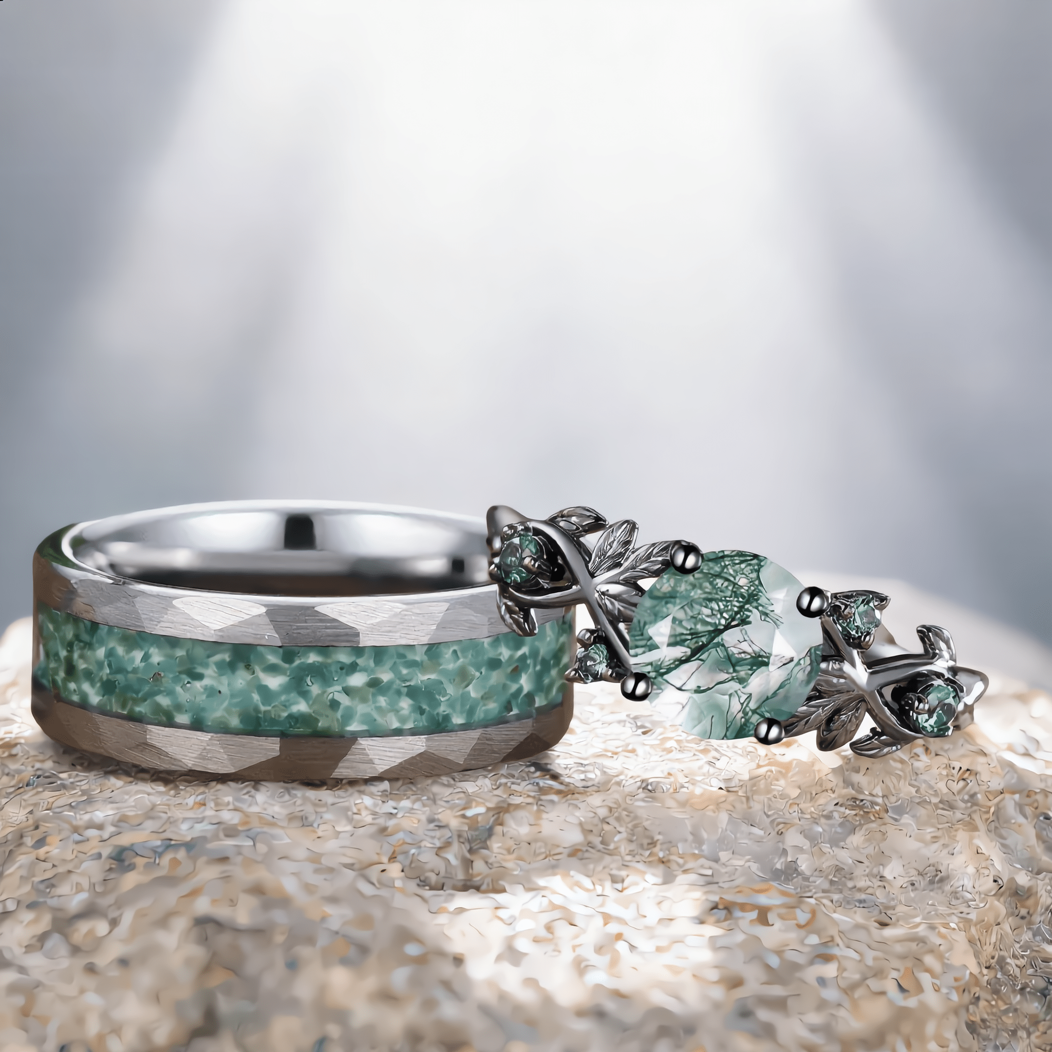 Round Cut Unique Moss Agate Couple Rings Nature - Inspired His and Her Matching Wedding Band - anerjuly
