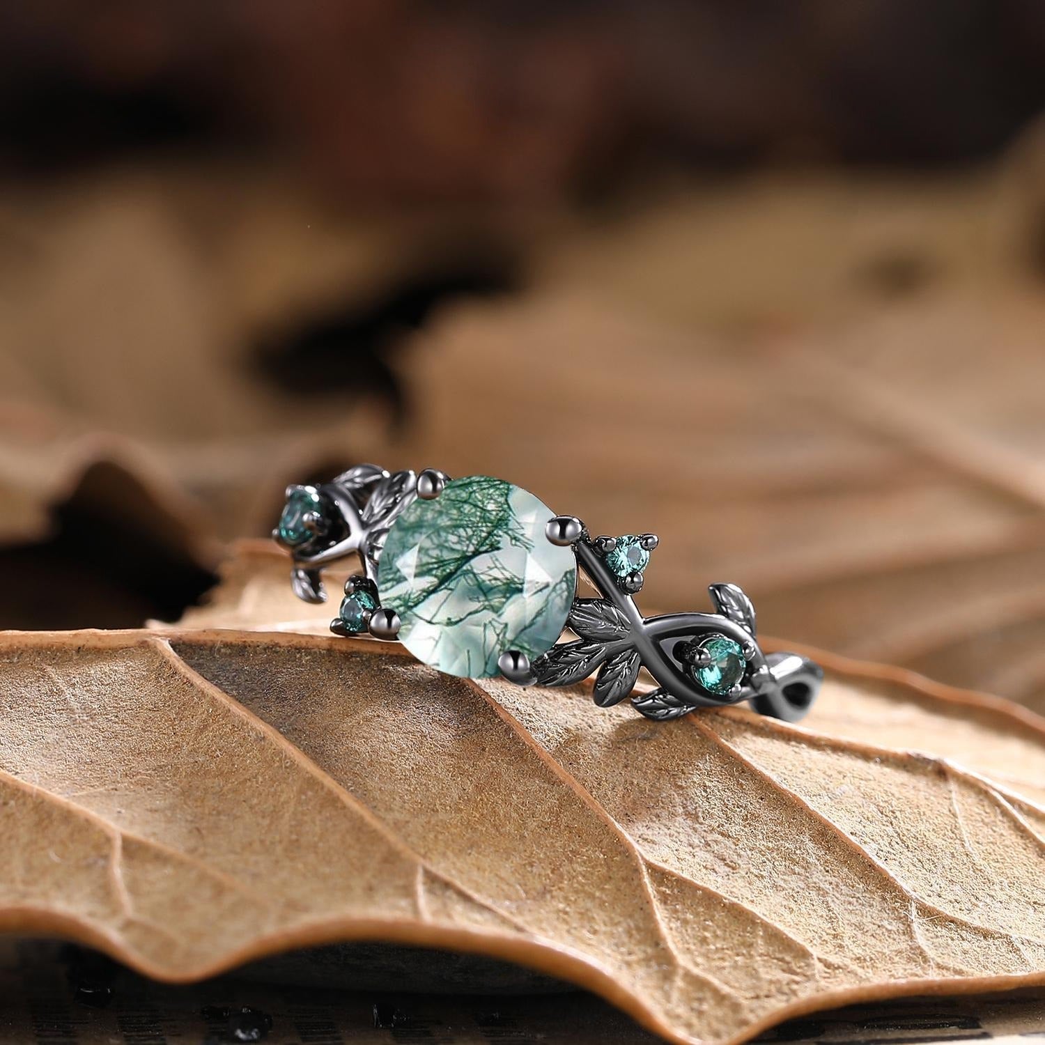 Round Cut Unique Moss Agate Couple Rings Nature - Inspired His and Her Matching Wedding Band - anerjuly