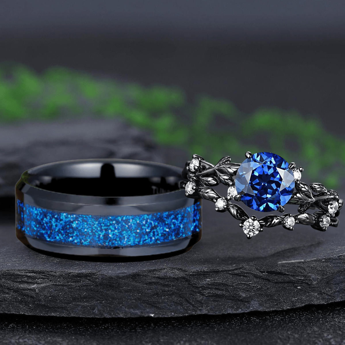 Round Sapphire Couples Ring Set Black Gold Wedding Band Engagement Ring Twig Leaf Sapphire Ring For Women Bridal Promise Ring - anerjuly