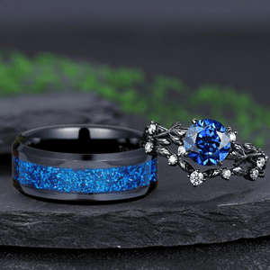 Round Sapphire Couples Ring Set Black Gold Wedding Band Engagement Ring Twig Leaf Sapphire Ring For Women Bridal Promise Ring - anerjuly