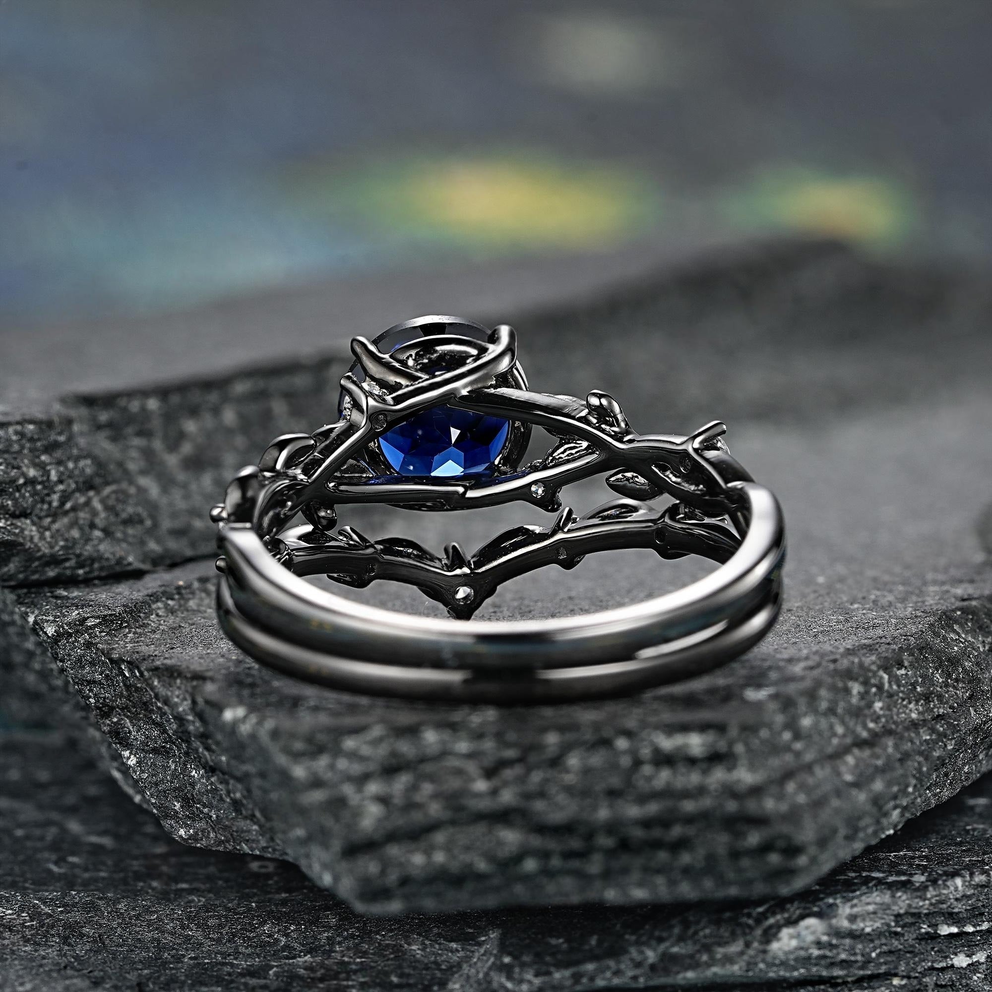 Round Sapphire Couples Ring Set Black Gold Wedding Band Engagement Ring Twig Leaf Sapphire Ring For Women Bridal Promise Ring - anerjuly