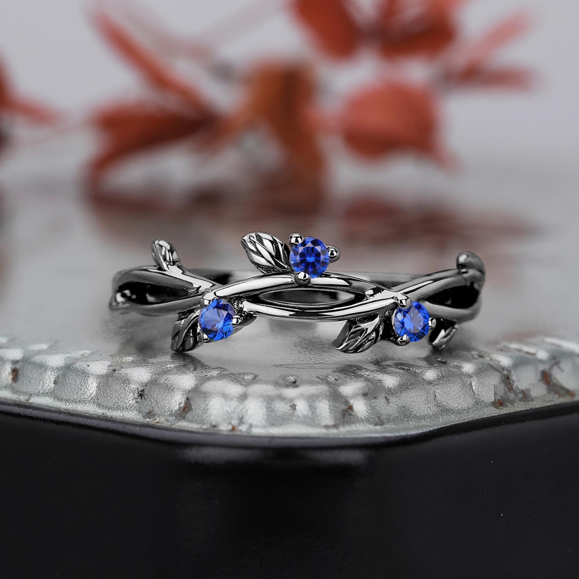 Round Shape Blue Sapphire Wedding Band Matching Ring Natural Inspired Leaf Ring - anerjuly