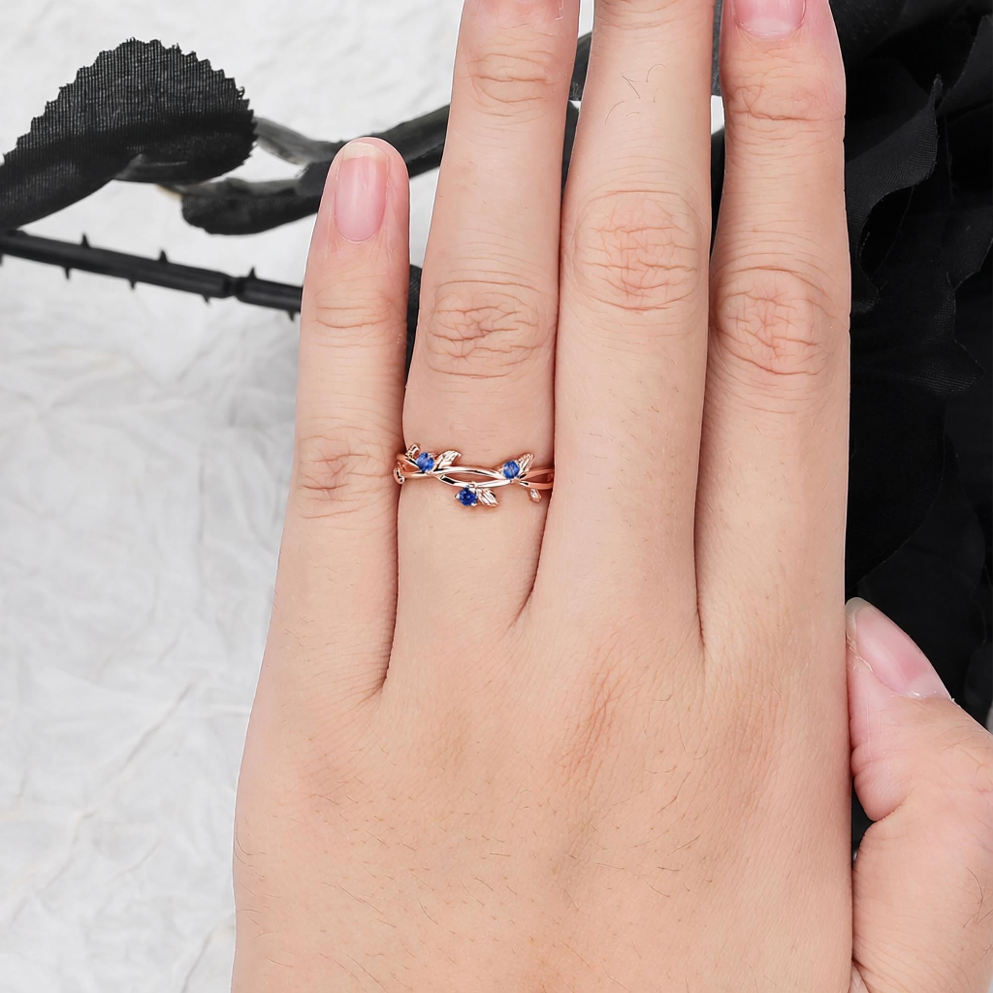 Round Shape Blue Sapphire Wedding Band Matching Ring Natural Inspired Leaf Ring - anerjuly