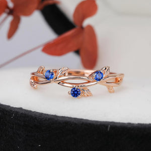 Round Shape Blue Sapphire Wedding Band Matching Ring Natural Inspired Leaf Ring - anerjuly