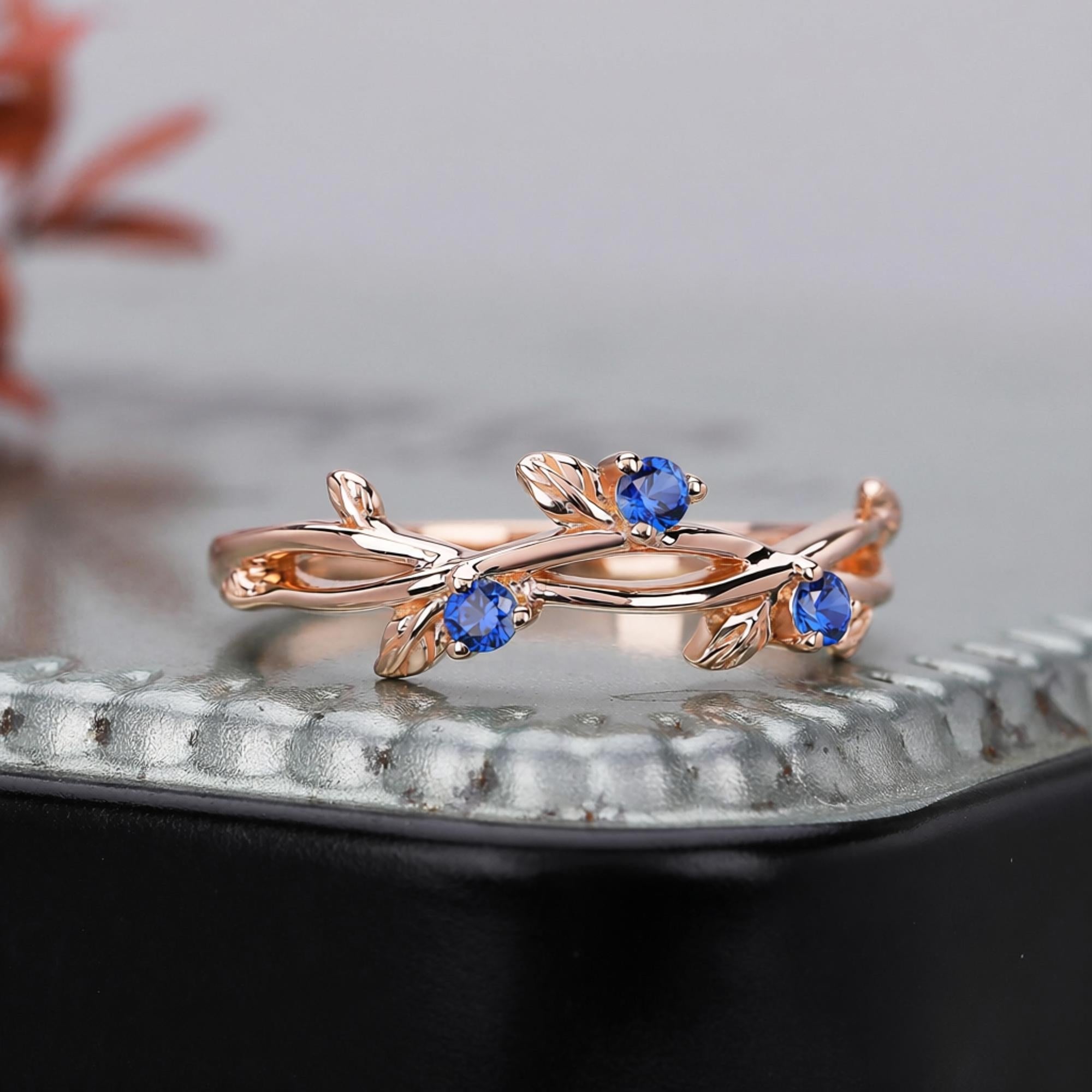 Round Shape Blue Sapphire Wedding Band Matching Ring Natural Inspired Leaf Ring - anerjuly