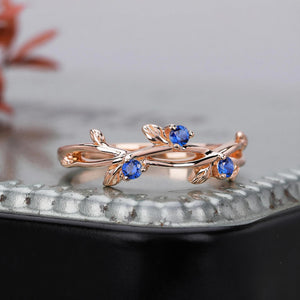 Round Shape Blue Sapphire Wedding Band Matching Ring Natural Inspired Leaf Ring - anerjuly