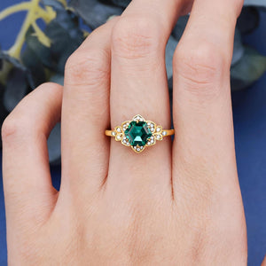 Royal Vintage Hexagon Cut Lab Created Emerald S925 Ring For Women Flowery Design Bridal Engagement Ring - anerjuly
