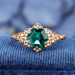 Royal Vintage Hexagon Cut Lab Created Emerald S925 Ring For Women Flowery Design Bridal Engagement Ring - anerjuly