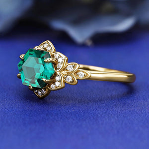 Royal Vintage Hexagon Cut Lab Created Emerald S925 Ring For Women Flowery Design Bridal Engagement Ring - anerjuly