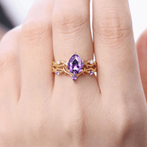 Royal Vintage Pear Shape Amethyst S925 Ring For Women Flowery Design Bridal Engagement Ring - anerjuly