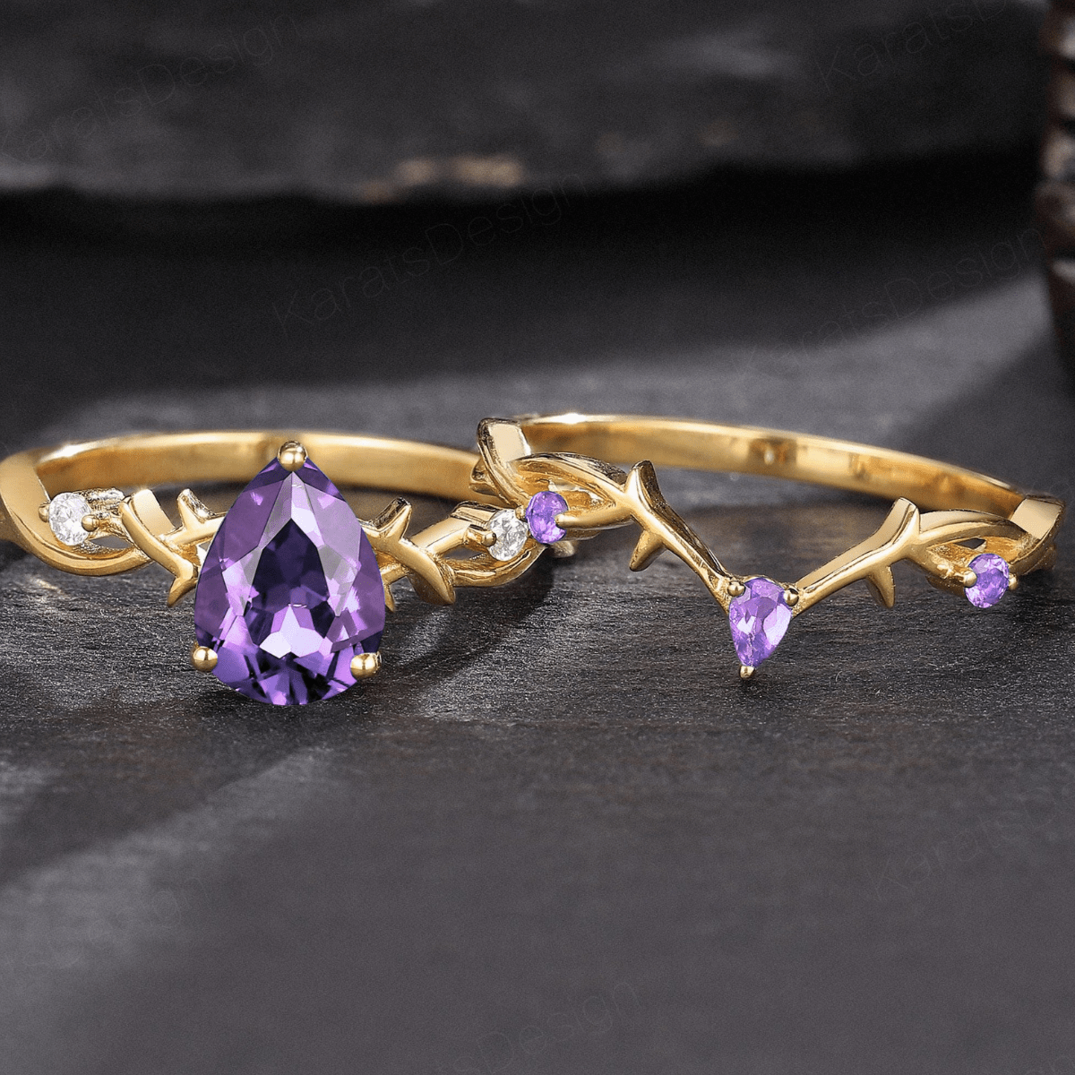 Royal Vintage Pear Shape Amethyst S925 Ring For Women Flowery Design Bridal Engagement Ring - anerjuly