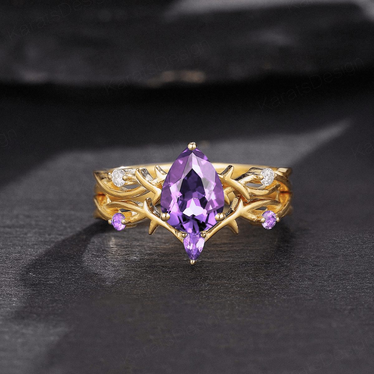 Royal Vintage Pear Shape Amethyst S925 Ring For Women Flowery Design Bridal Engagement Ring - anerjuly