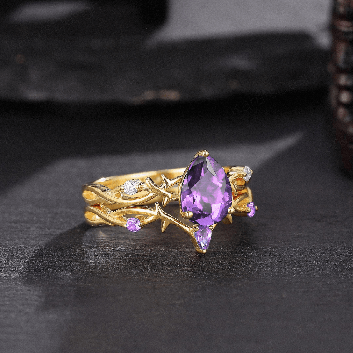 Royal Vintage Pear Shape Amethyst S925 Ring For Women Flowery Design Bridal Engagement Ring - anerjuly