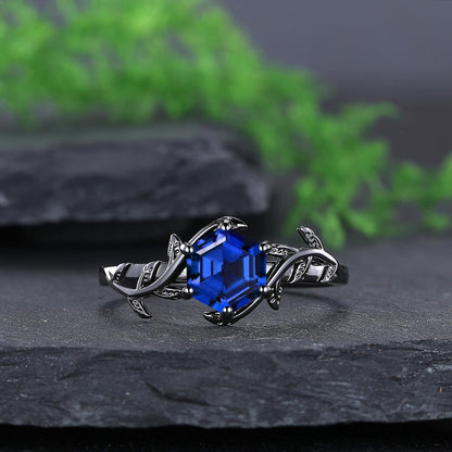 Sapphire Couple Ring Set Blue Sapphire Engagement Ring Set Black Gold His and Her Wedding Band Mens Tungsten Ring Nature Inspired Bridal Set - anerjuly