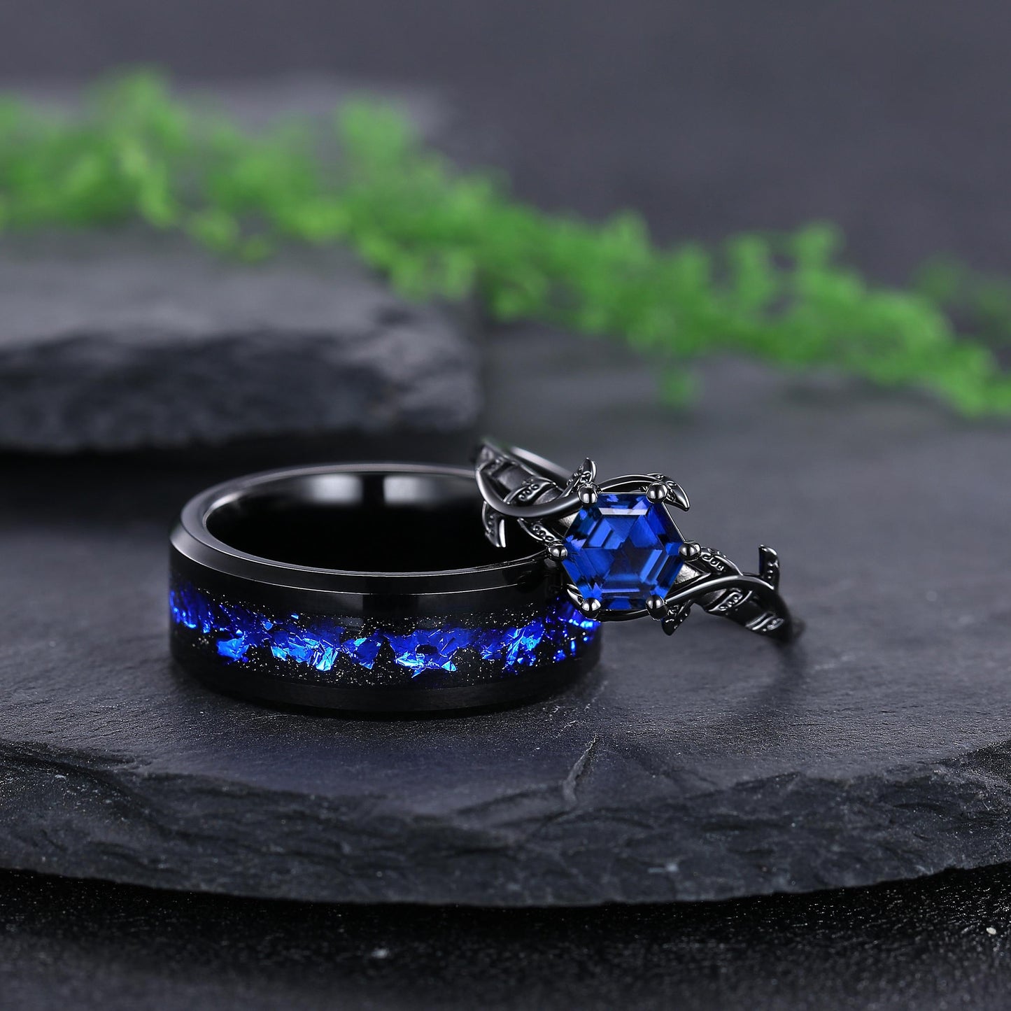 Sapphire Couple Ring Set Blue Sapphire Engagement Ring Set Black Gold His and Her Wedding Band Mens Tungsten Ring Nature Inspired Bridal Set - anerjuly