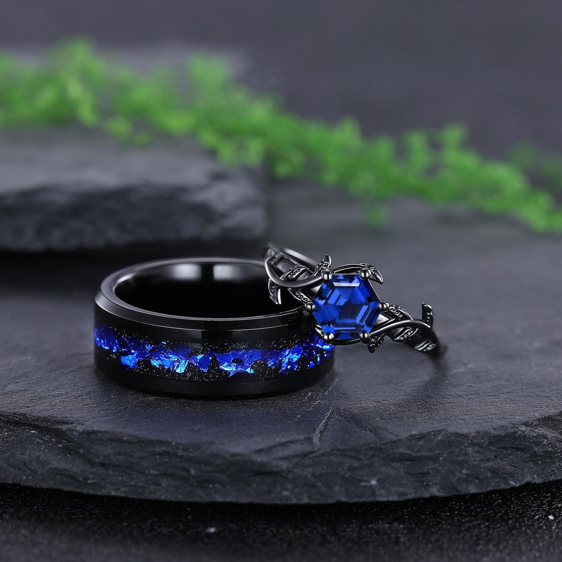 Sapphire Couple Ring Set Blue Sapphire Engagement Ring Set Black Gold His and Her Wedding Band Mens Tungsten Ring Nature Inspired Bridal Set - anerjuly