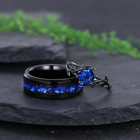 Sapphire Couple Ring Set Blue Sapphire Engagement Ring Set Black Gold His and Her Wedding Band Mens Tungsten Ring Nature Inspired Bridal Set - anerjuly