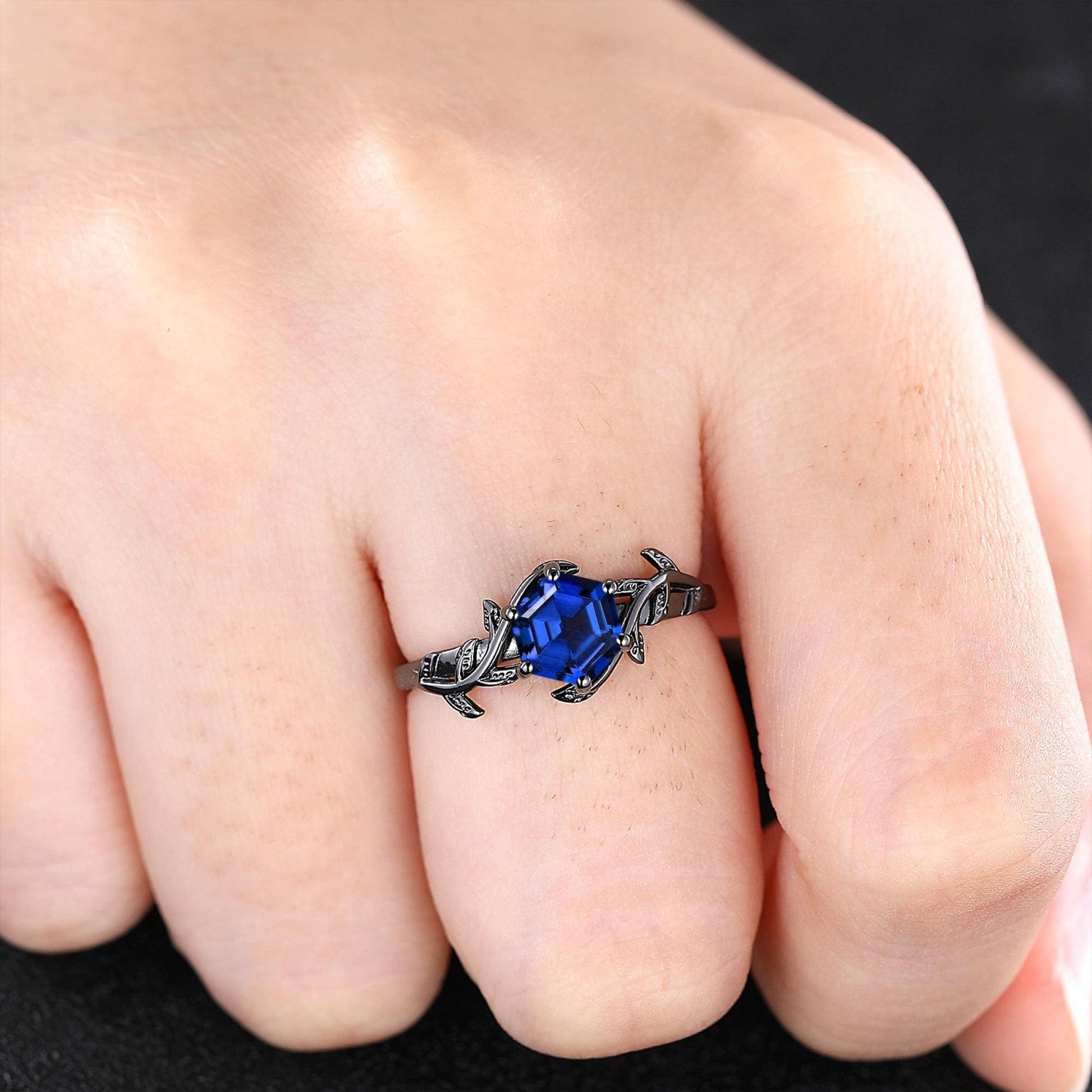 Sapphire Couple Ring Set Blue Sapphire Engagement Ring Set Black Gold His and Her Wedding Band Mens Tungsten Ring Nature Inspired Bridal Set - anerjuly