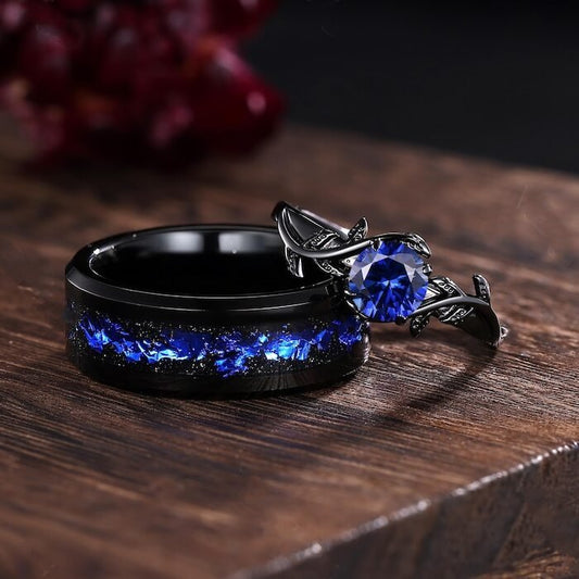 Sapphire Couple Ring Set Blue Sapphire Engagement Ring Set Black Gold His and Her Wedding Band Mens Tungsten Ring Nature Inspired Bridal Set - anerjuly