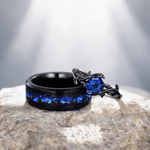 Sapphire Couple Ring Set Blue Sapphire Engagement Ring Set Black Gold His and Her Wedding Band Mens Tungsten Ring Nature Inspired Bridal Set - anerjuly