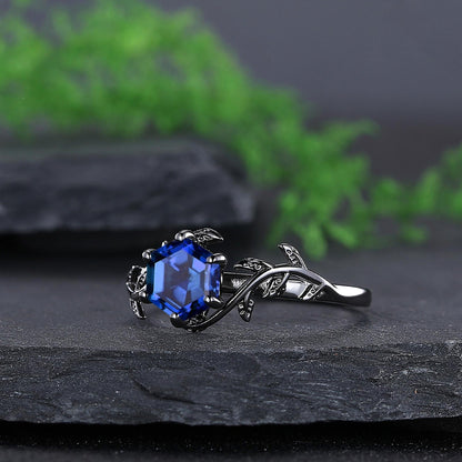 Sapphire Couple Ring Set Blue Sapphire Engagement Ring Set Black Gold His and Her Wedding Band Mens Tungsten Ring Nature Inspired Bridal Set - anerjuly