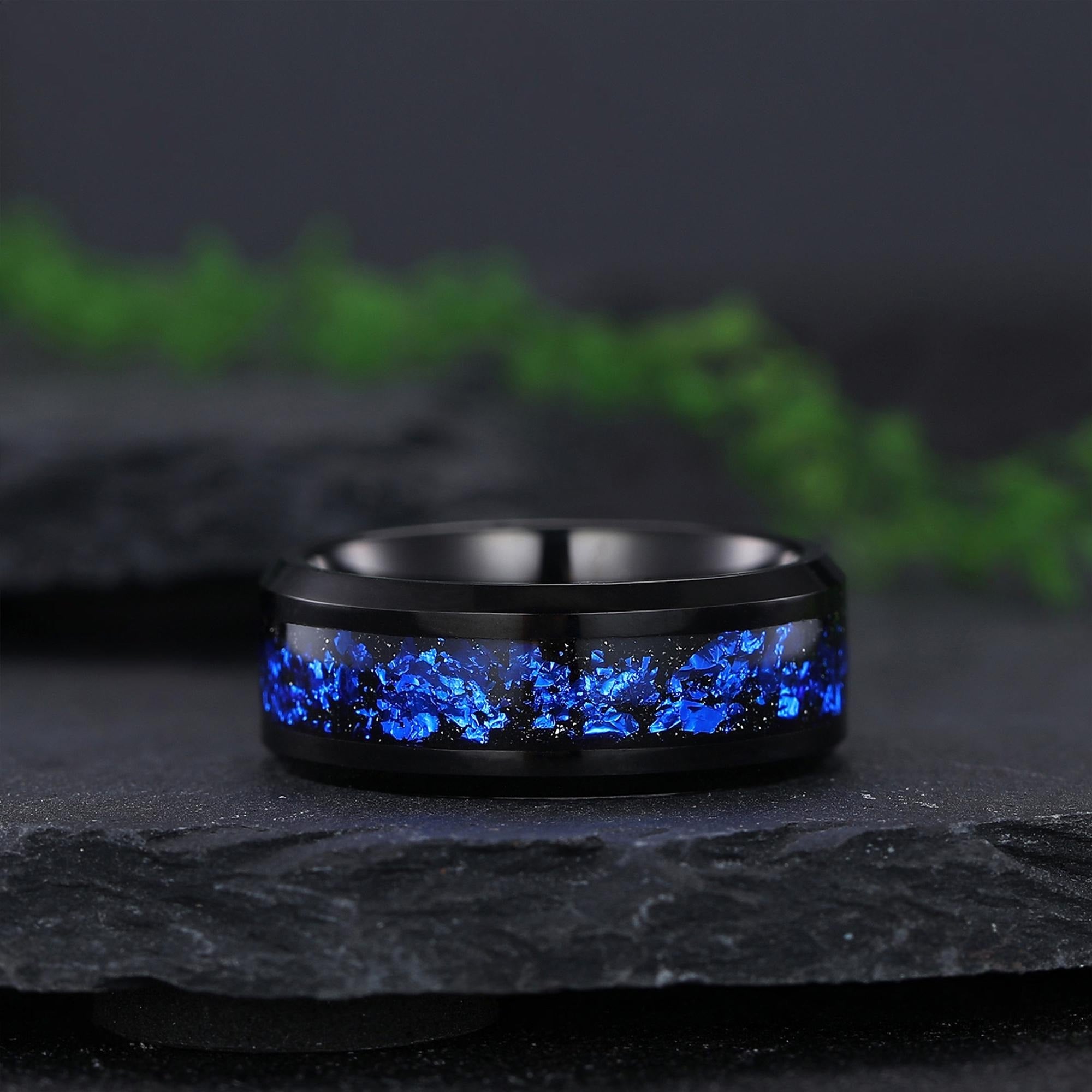 Sapphire Couple Ring Set Blue Sapphire Engagement Ring Set Black Gold His and Her Wedding Band Mens Tungsten Ring Nature Inspired Bridal Set - anerjuly