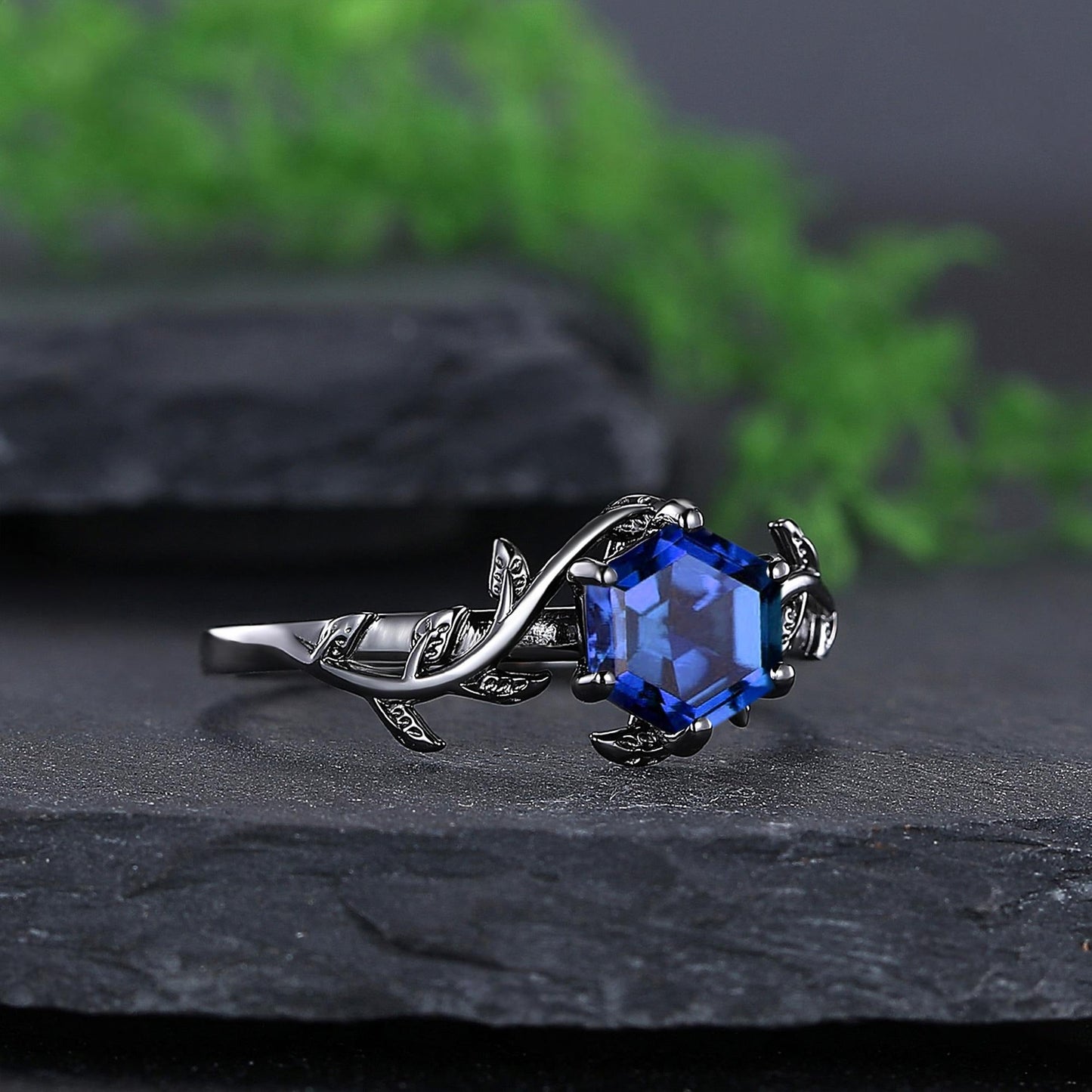 Sapphire Couple Ring Set Blue Sapphire Engagement Ring Set Black Gold His and Her Wedding Band Mens Tungsten Ring Nature Inspired Bridal Set - anerjuly