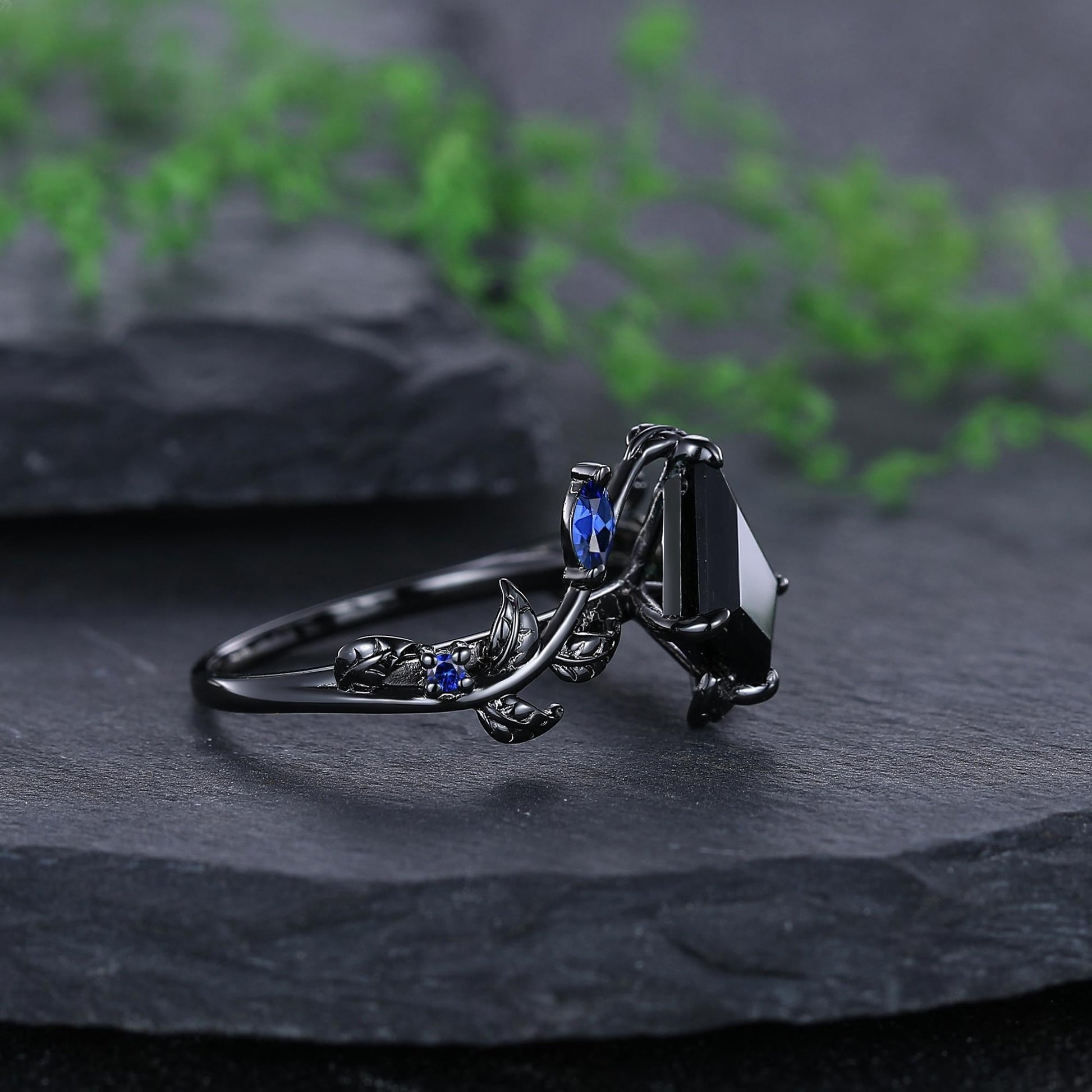 Sapphire Couples Ring Nature Inspired Leaf Sapphire Engagement Ring His and Her Ring Set Tungsten Ring - anerjuly