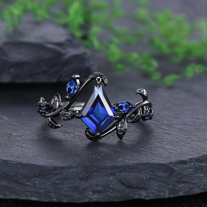 Sapphire Couples Ring Nature Inspired Leaf Sapphire Engagement Ring His and Her Ring Set Tungsten Ring - anerjuly