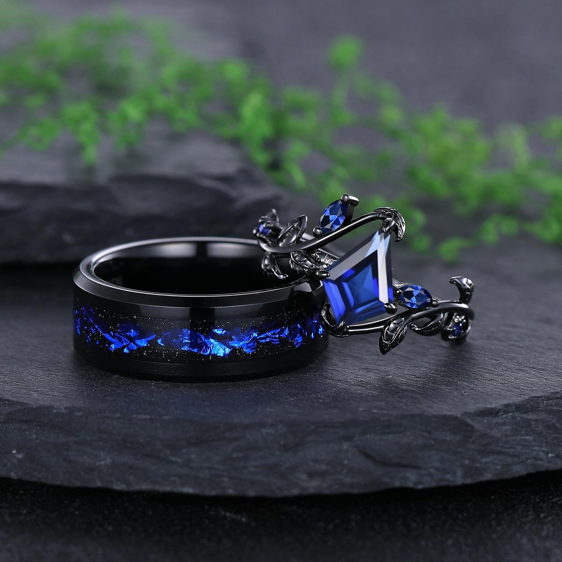Sapphire Couples Ring Nature Inspired Leaf Sapphire Engagement Ring His and Her Ring Set Tungsten Ring - anerjuly